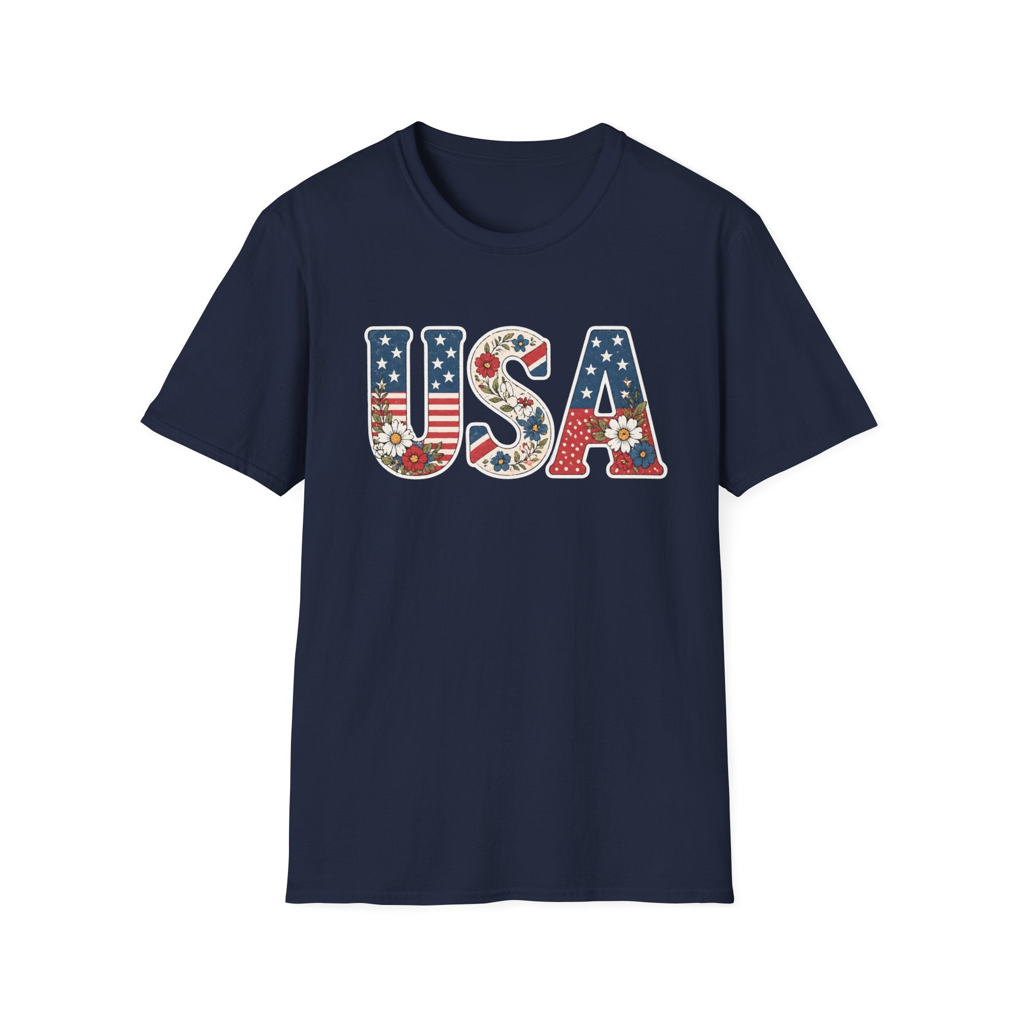 USA Patriotic Floral T-Shirt | American Flag Block Lettering Graphic Tee, Fourth Of July Vintage Cottagecore Top