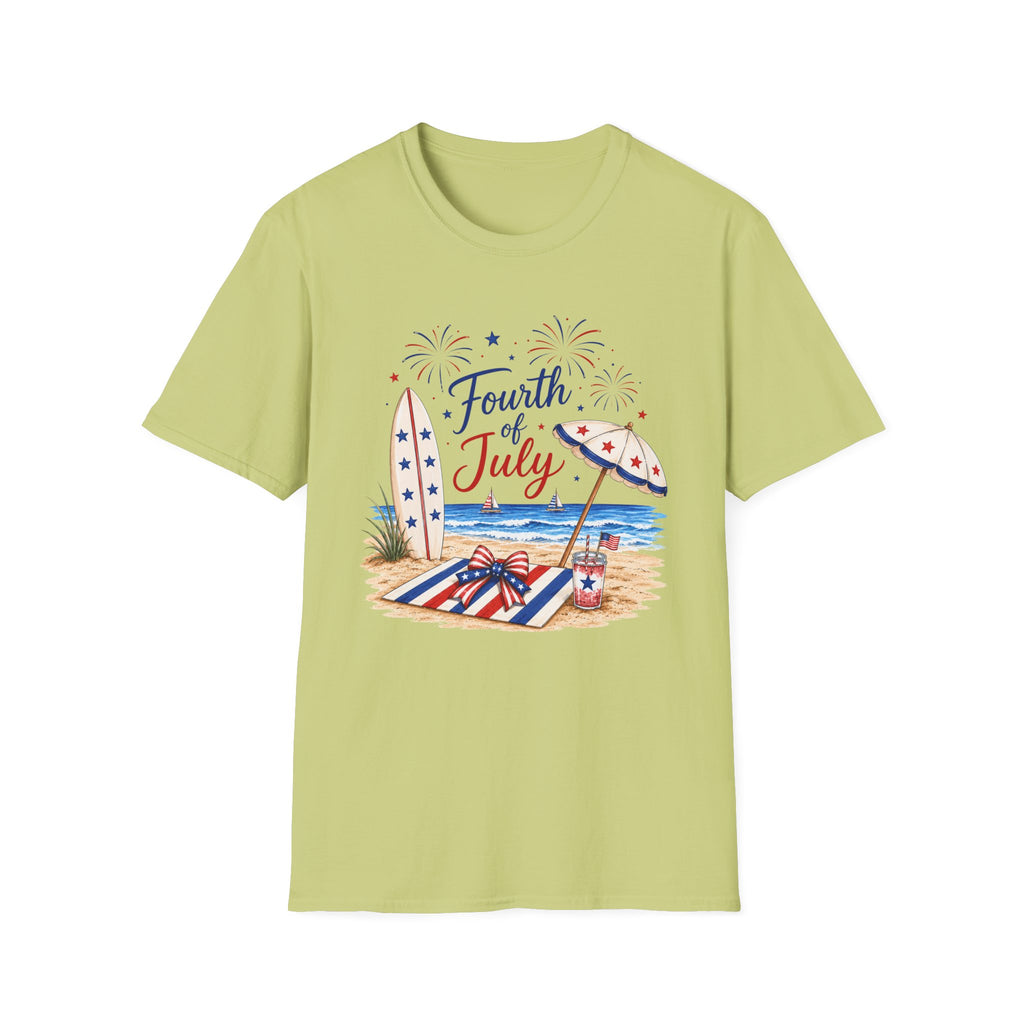 Fourth of July Beach Scene T-Shirt, Patriotic Summer Ocean Surfboard Tee, 4th of July Beach Vacation Shirt, Fireworks Umbrella Surfboard America