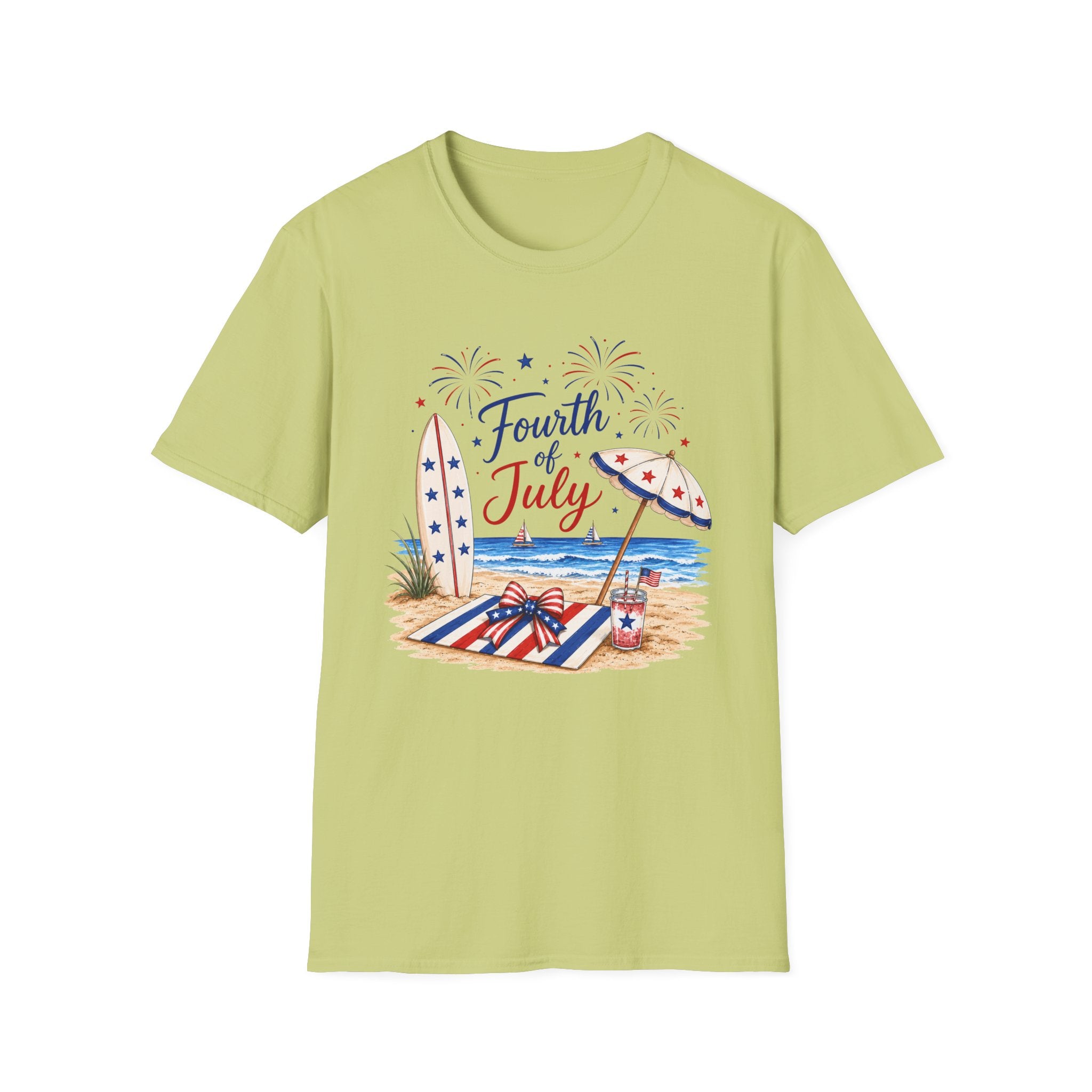 Fourth of July Beach Scene T-Shirt, Patriotic Summer Ocean Surfboard Tee, 4th of July Beach Vacation Shirt, Fireworks Umbrella Surfboard America