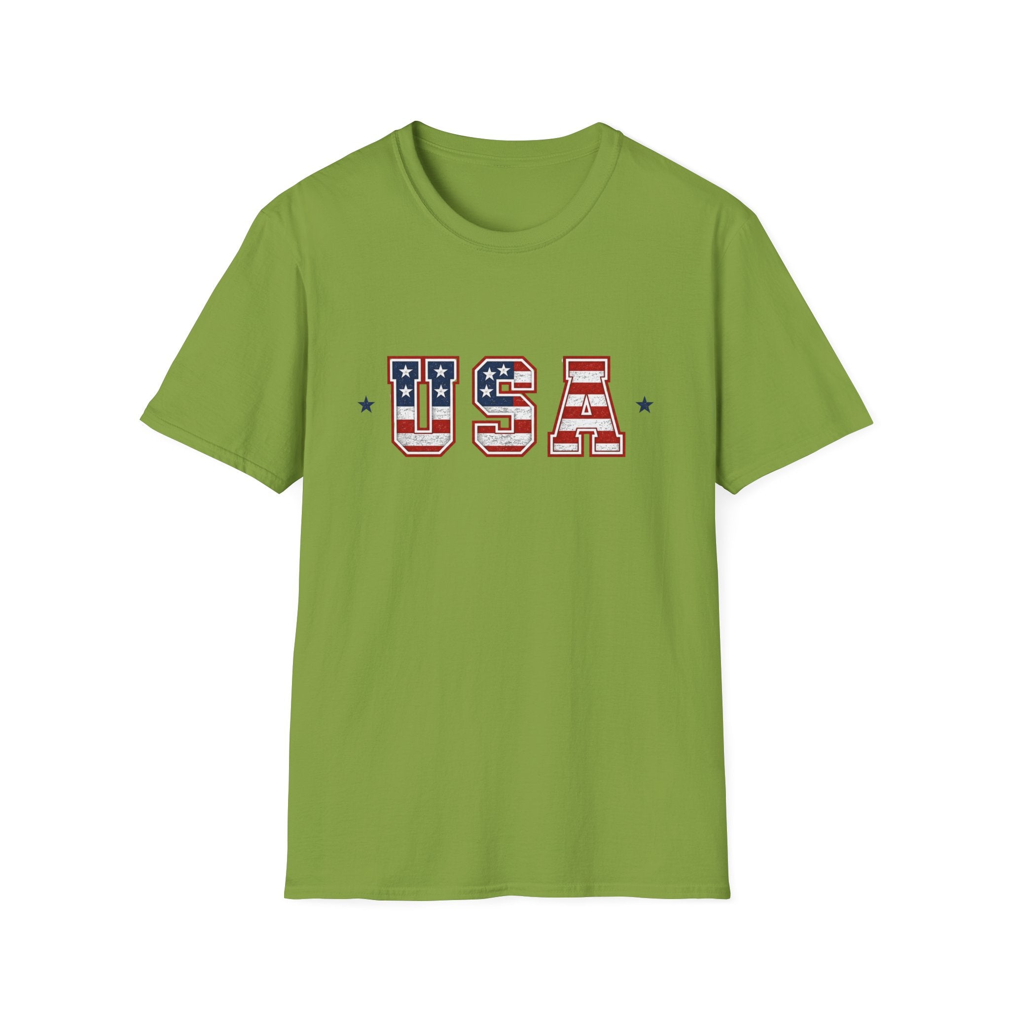 USA Varsity Lettering T-Shirt | Patriotic American Flag Block Graphic Tee, Fourth Of July Stars Stripes Top