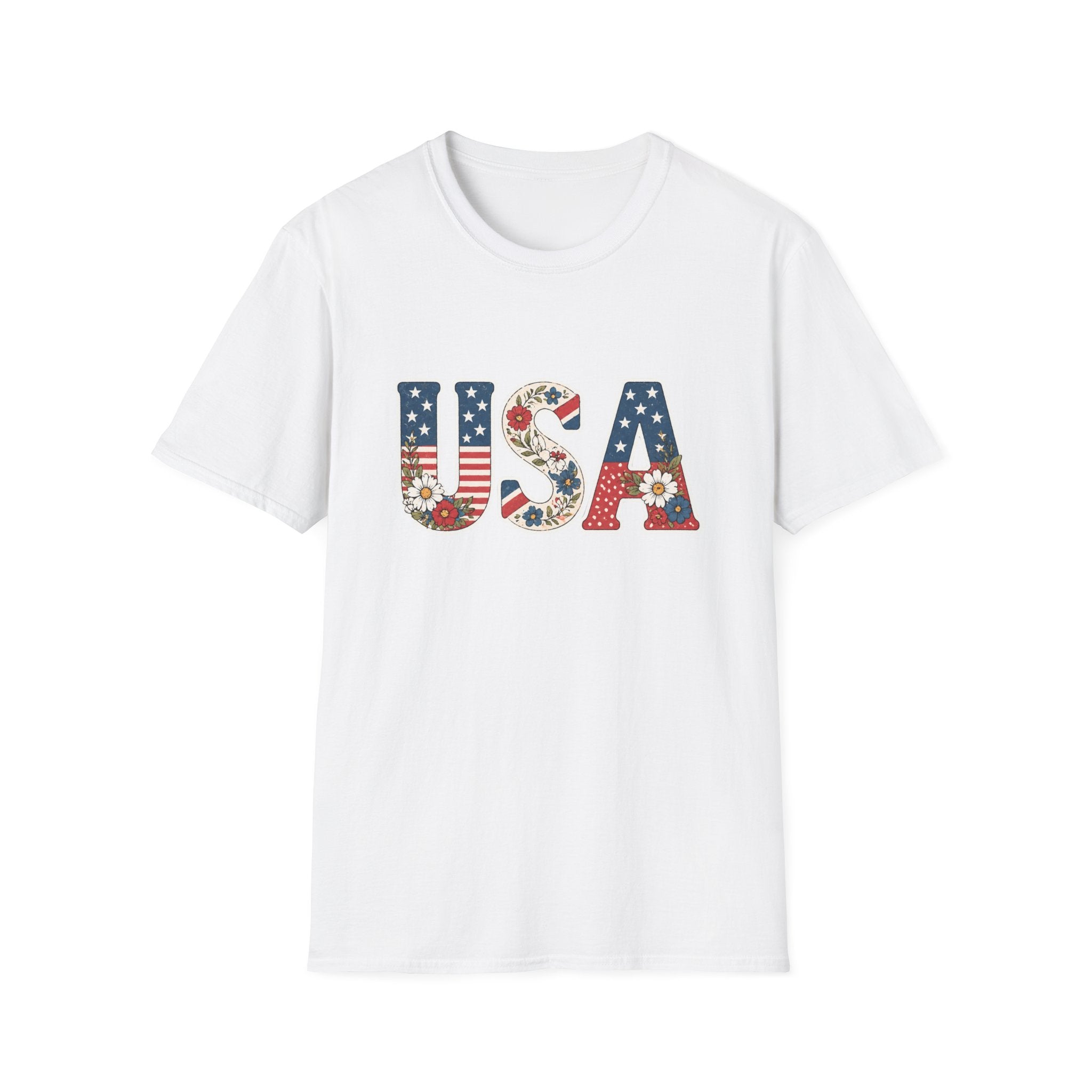 Floral USA T-Shirt, Cottagecore Patriotic Flower Letter Tee, 4th of July Wildflower America Shirt, Stars Stripes Daisy Poppy Gift, Vintage Botanical