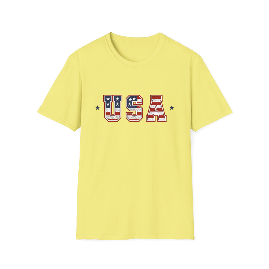USA Varsity Lettering T-Shirt | Patriotic American Flag Block Graphic Tee, Fourth Of July Stars Stripes Top