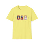 USA Varsity Lettering T-Shirt | Patriotic American Flag Block Graphic Tee, Fourth Of July Stars Stripes Top
