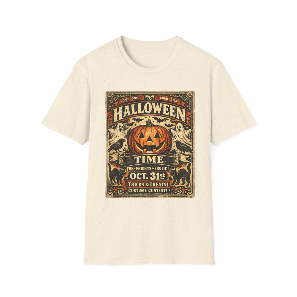 Vintage Halloween Pumpkin T-Shirt — "Halloween Time" Retro Poster Tee