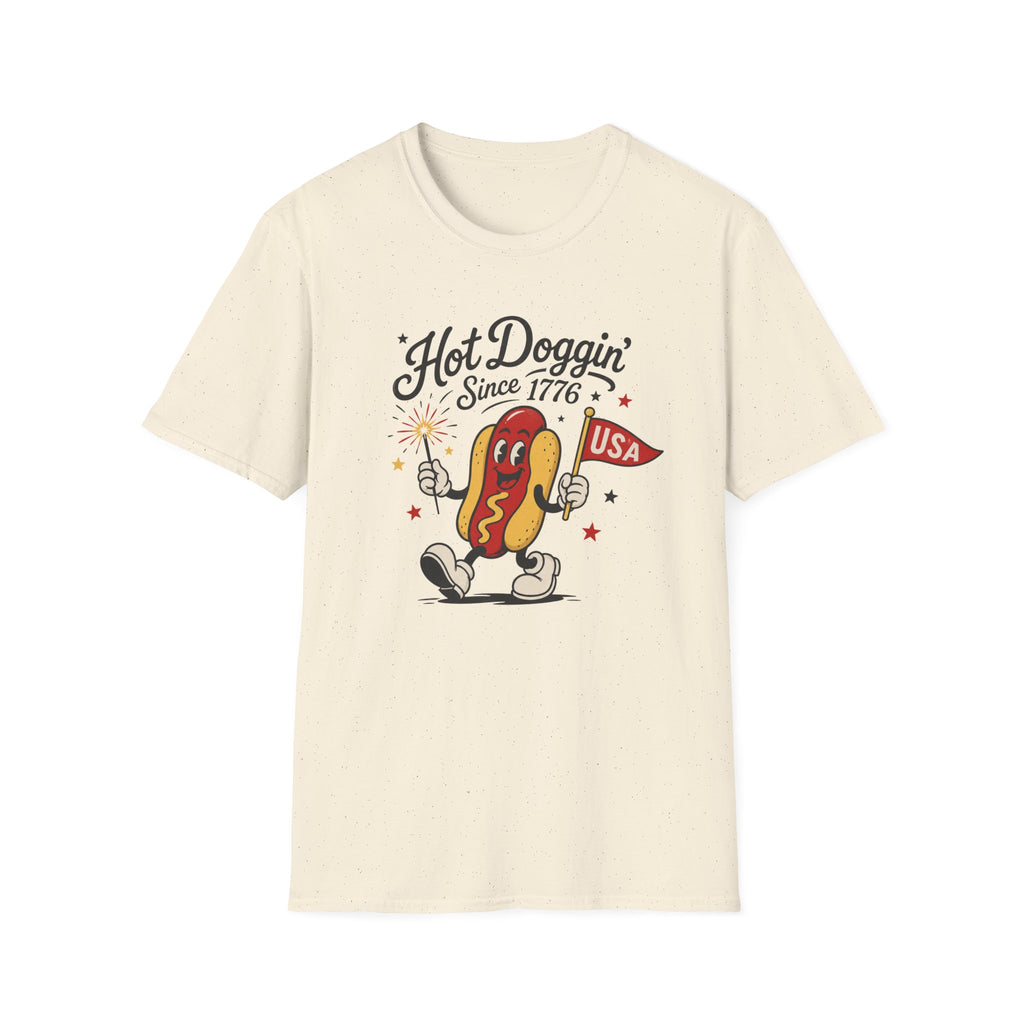 Hot Doggin Since 1776 Tee, Patriotic USA Hot Dog Shirt, Fun Red White Blue Graphic Top, Fourth of July Celebration Outfit Unisex Softstyle T-Shirt