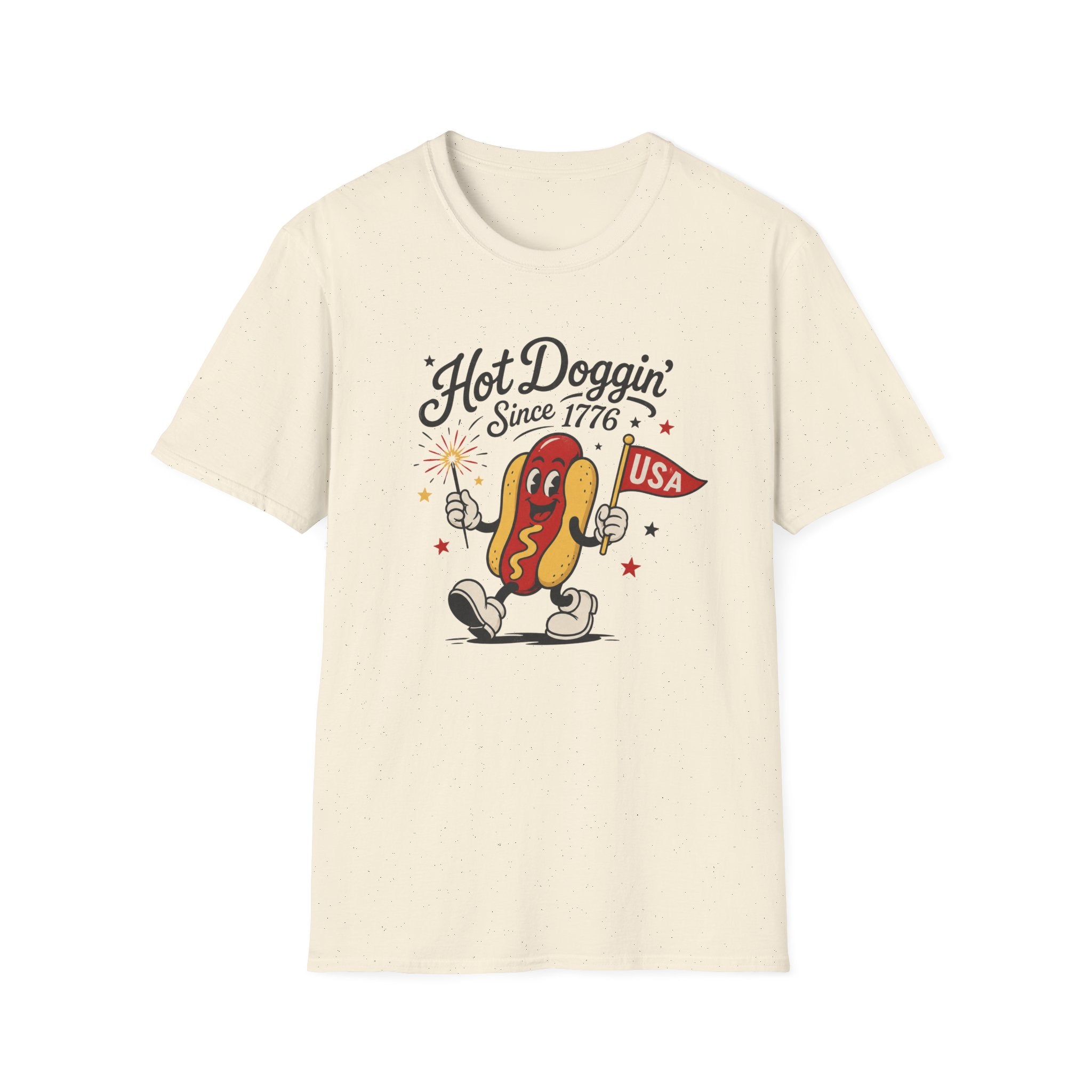 Hot Doggin Since 1776 Tee, Patriotic USA Hot Dog Shirt, Fun Red White Blue Graphic Top, Fourth of July Celebration Outfit Unisex Softstyle T-Shirt