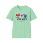 America Land of the Free Graphic Tee - Patriotic 4th of July Coquette Bow T-Shirt