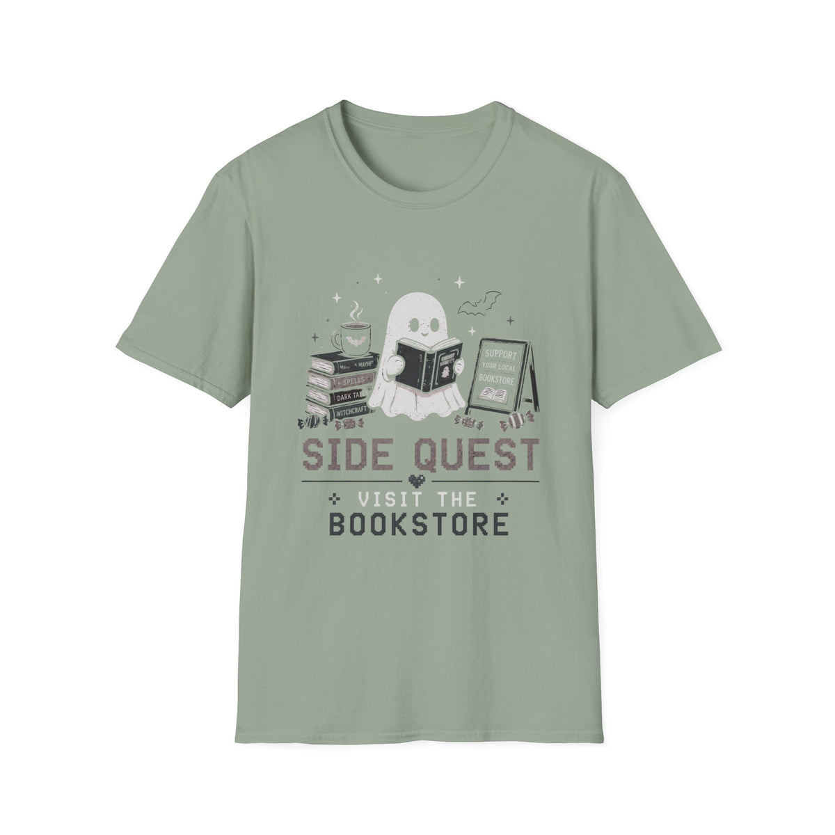 Ghost Reader T-Shirt — "Side Quest: Visit the Bookstore" Cute Halloween Book Lover Tee