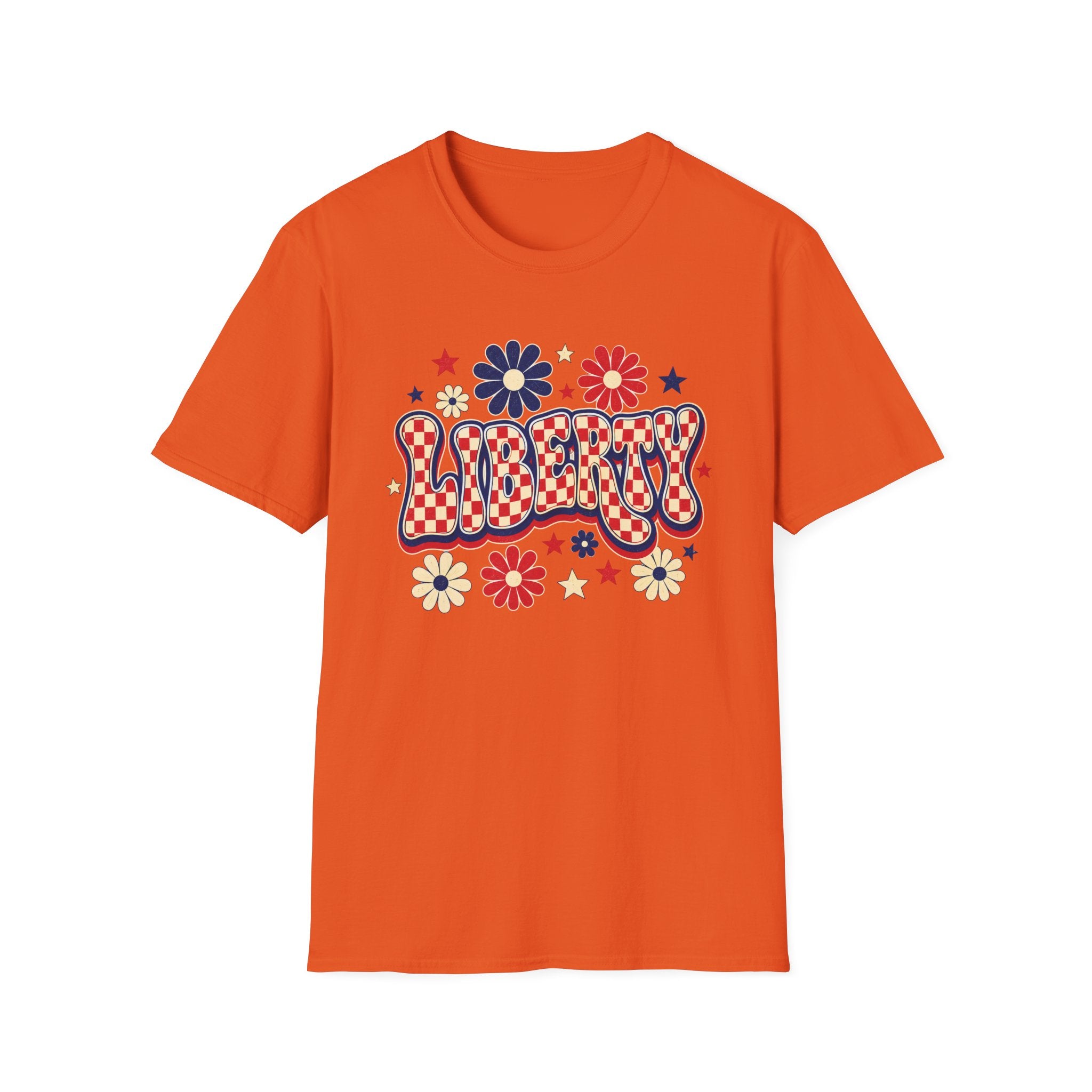 Liberty Retro USA Tee, Vintage Red White Blue Shirt, Patriotic Floral Graphic Top, Fourth of July Celebration Outfit Unisex Softstyle T-Shirt