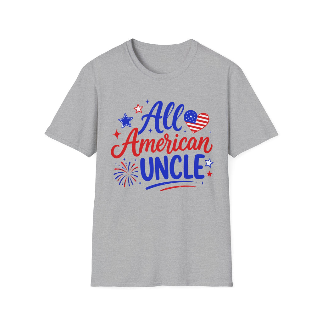 All American Uncle Tee, Patriotic USA Shirt, Red White Blue Fireworks Graphic Top, Fourth of July Celebration Outfit T-Shirt