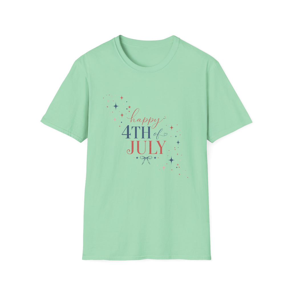 Happy 4th of July Sparkle Bow T-Shirt, Coquette Patriotic Sparkle Star Tee, Feminine Independence Day Shirt, Cute Mixed Typography 4th July