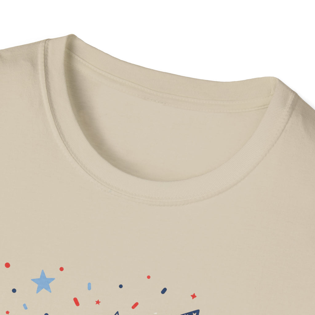 Patriotic Doodle Collage T-Shirt, Cute 4th of July Bow Heart Flag Confetti Tee, Whimsical Festive America Shirt, Coquette Patriotic Icon Scatter Gift