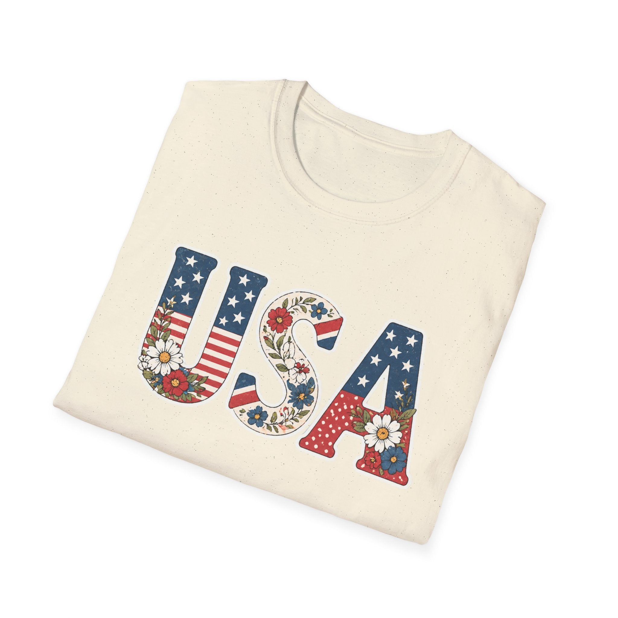 USA Patriotic Floral T-Shirt | American Flag Block Lettering Graphic Tee, Fourth Of July Vintage Cottagecore Top