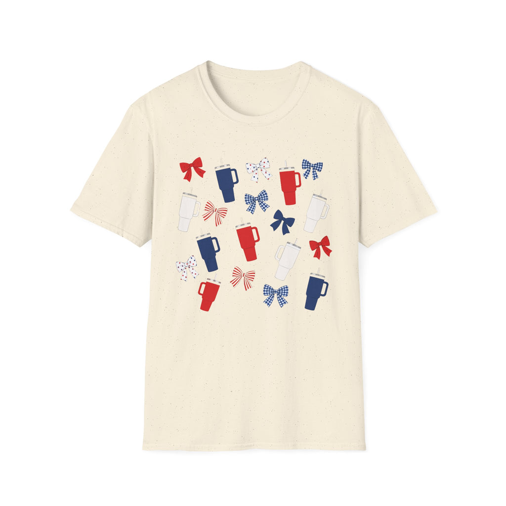 Patriotic Coffee Lover T-Shirt, Americana Bow Graphic Tee, Fourth of July Iced Drink Shirt, Cute Summer Cafe Apparel, Coquette USA Outfit