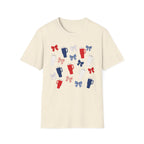 Patriotic Coffee Lover T-Shirt, Americana Bow Graphic Tee, Fourth of July Iced Drink Shirt, Cute Summer Cafe Apparel, Coquette USA Outfit