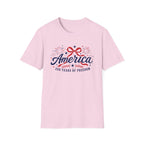 America 250 Years Of Freedom T-Shirt | Semiquincentennial Patriotic Fireworks Tee, Coquette Ribbon Bow Holiday Clothing