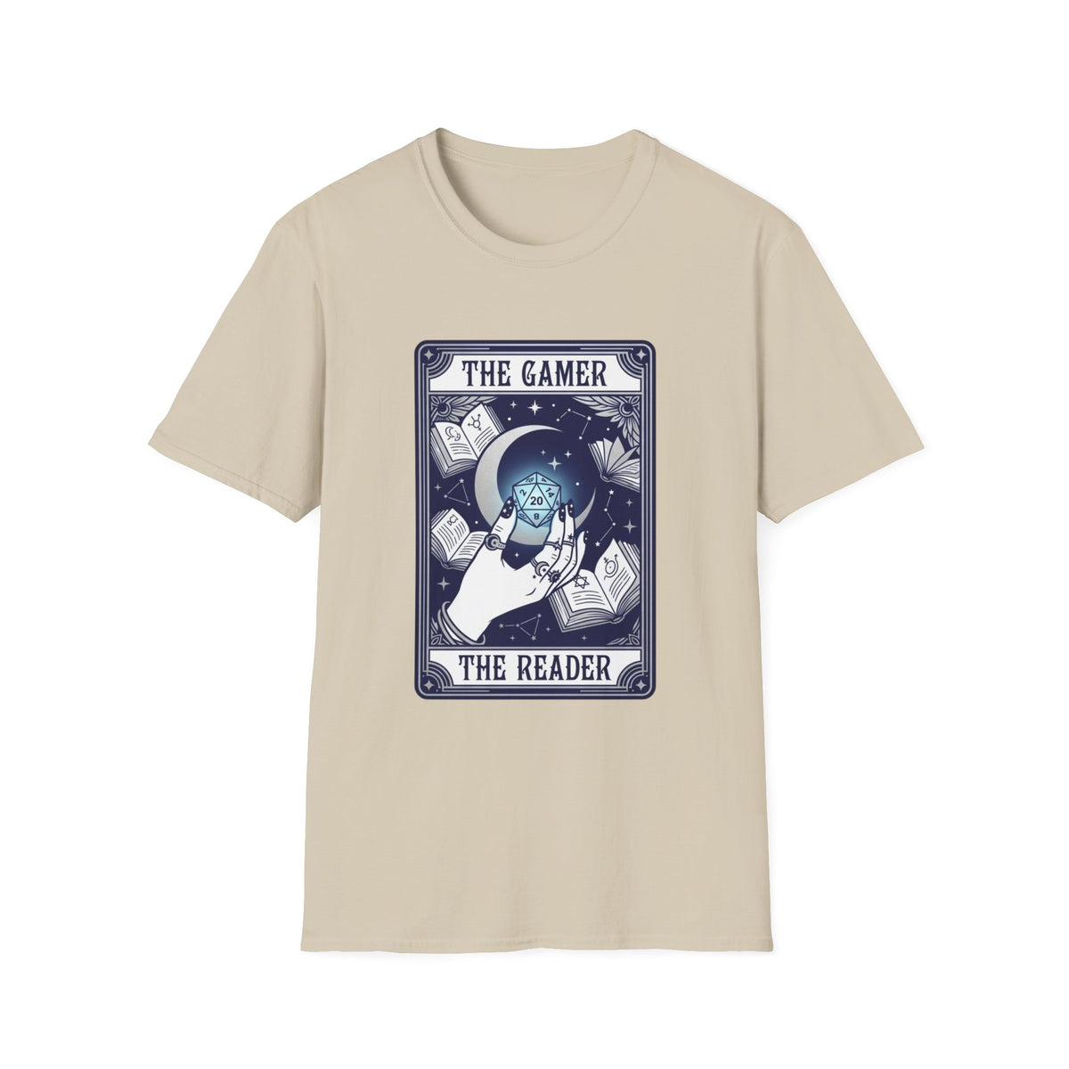 The Gamer The Reader T‑Shirt — Fantasy Dice & Book Illustration Tee