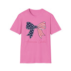 American Girlie Bow Shirt, Clean Split Flag Coquette Tee, Navy Stars Red Stripes Bow 4th of July Women Girls, Bold Graphic Patriotic Script Gift Independence Day