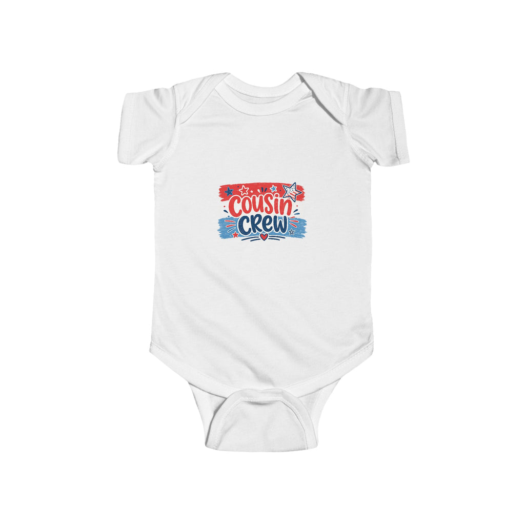 Cousin Crew Baby Onesie, Patriotic Red White Blue Infant Bodysuit, Cute USA Family Graphic Outfit, Fourth of July Celebration Wear Infant Fine Jersey Bodysuit