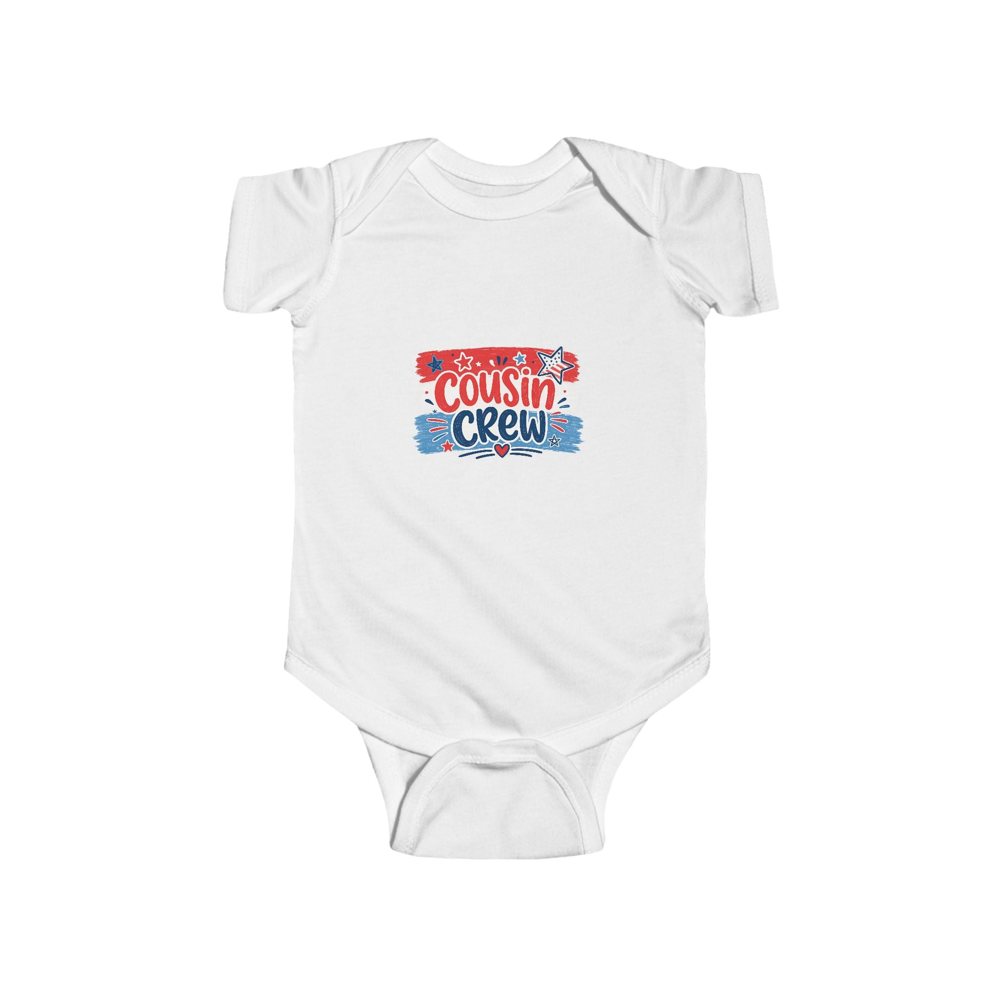 Cousin Crew Baby Onesie, Patriotic Red White Blue Infant Bodysuit, Cute USA Family Graphic Outfit, Fourth of July Celebration Wear Infant Fine Jersey Bodysuit