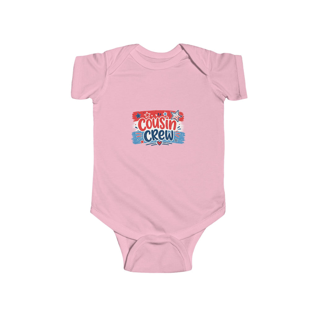 Cousin Crew Baby Onesie, Patriotic Red White Blue Infant Bodysuit, Cute USA Family Graphic Outfit, Fourth of July Celebration Wear Infant Fine Jersey Bodysuit
