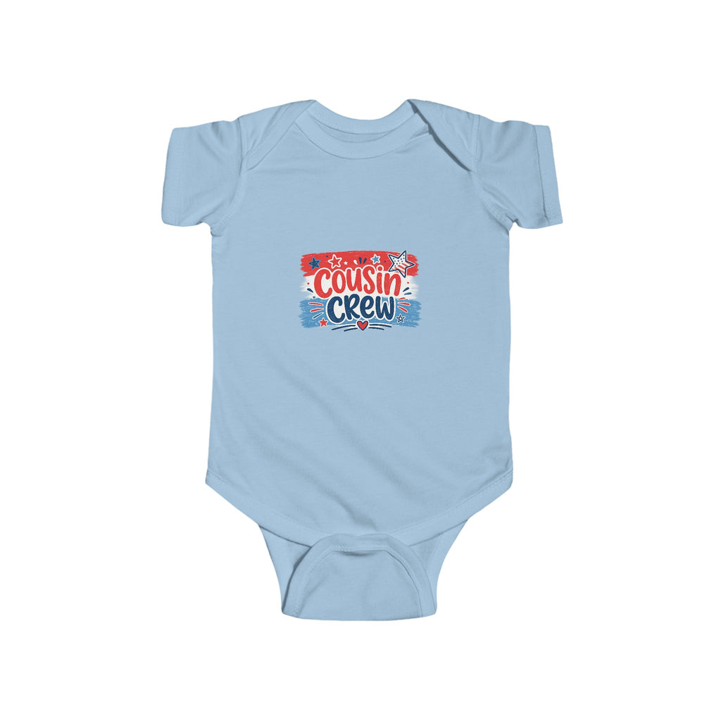 Cousin Crew Baby Onesie, Patriotic Red White Blue Infant Bodysuit, Cute USA Family Graphic Outfit, Fourth of July Celebration Wear Infant Fine Jersey Bodysuit