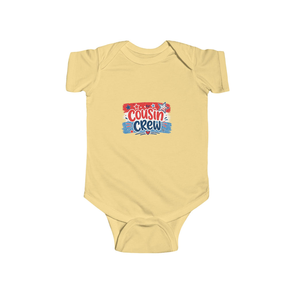 Cousin Crew Baby Onesie, Patriotic Red White Blue Infant Bodysuit, Cute USA Family Graphic Outfit, Fourth of July Celebration Wear Infant Fine Jersey Bodysuit