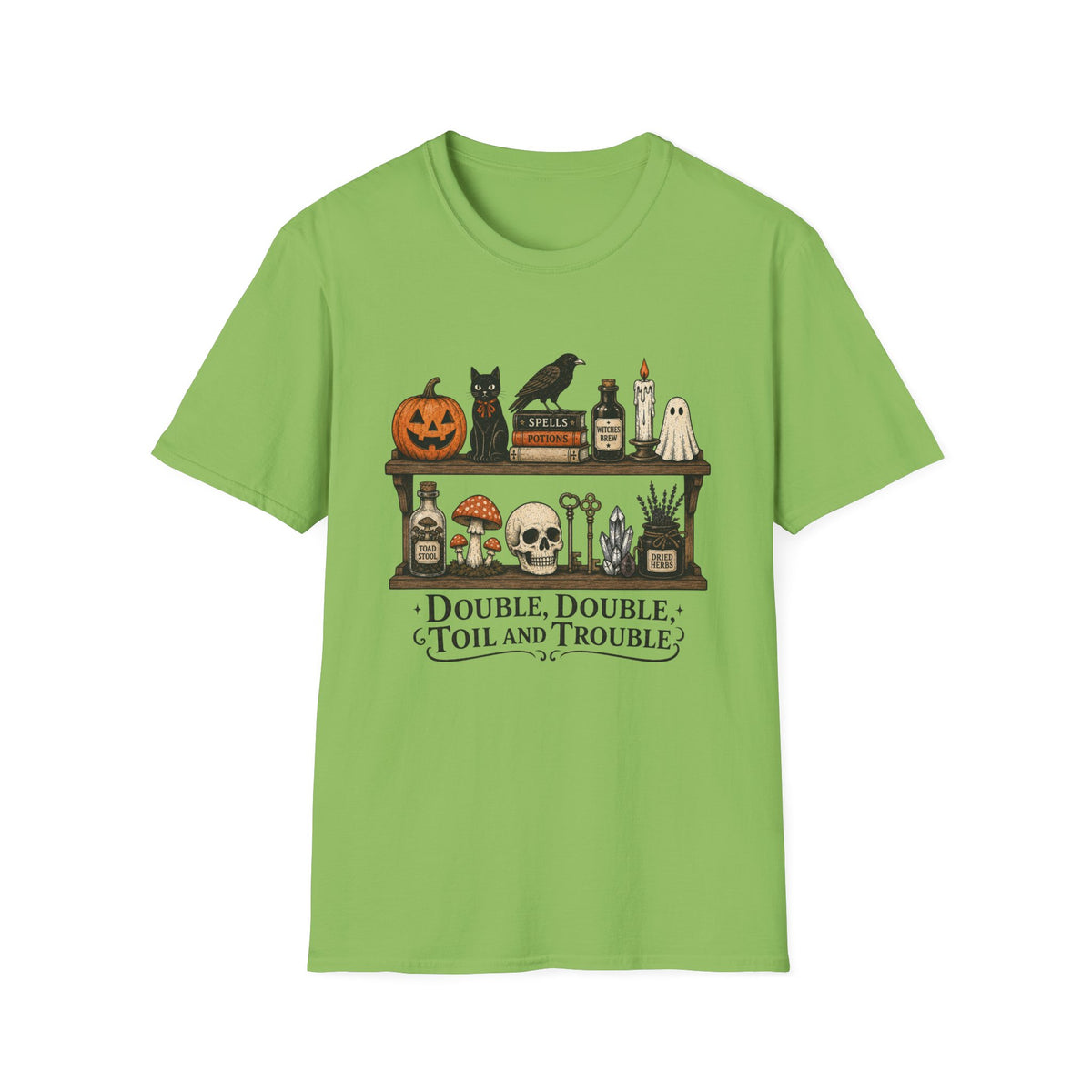 Halloween Potion Shelf T‑Shirt — "Double, Double, Toil and Trouble"