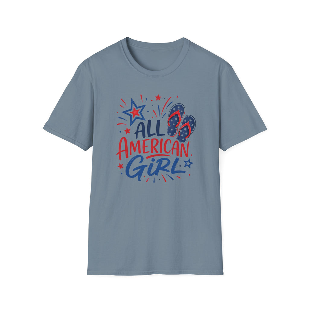 Patriotic All American Girl Graphic Tee - 4th of July Flip Flops Summer T-Shirt