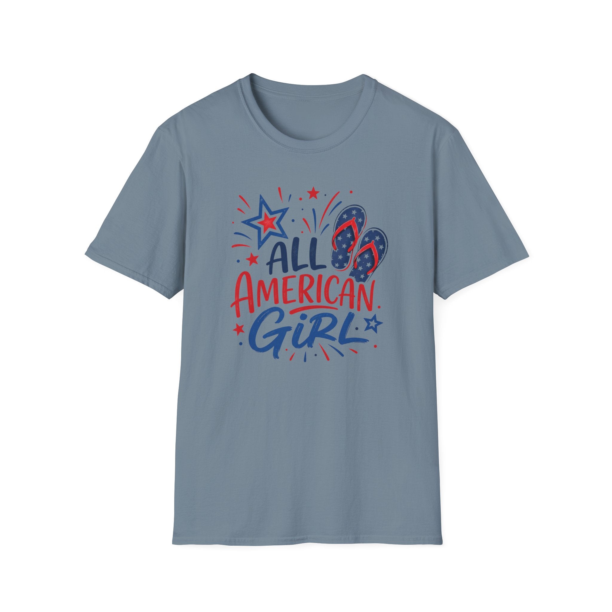 Patriotic All American Girl Graphic Tee - 4th of July Flip Flops Summer T-Shirt