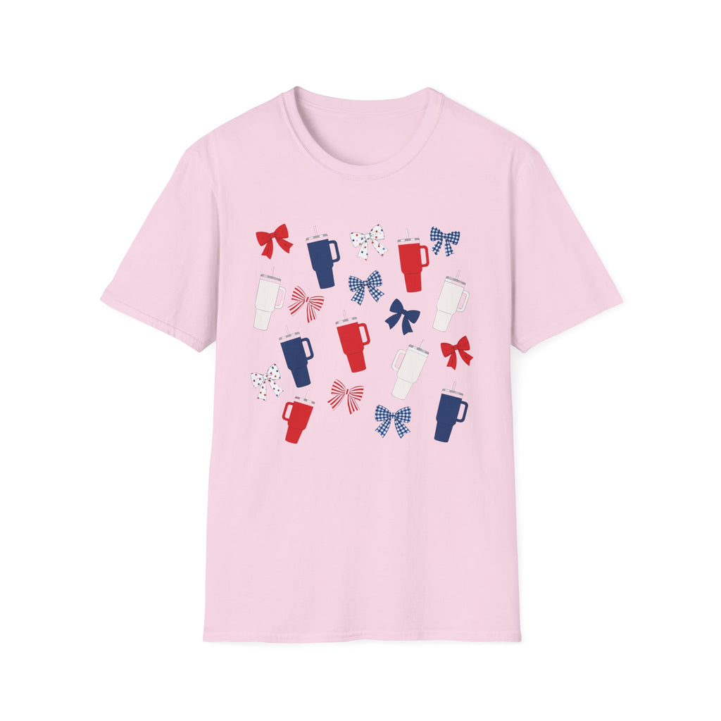 Patriotic Coffee Lover T-Shirt, Americana Bow Graphic Tee, Fourth of July Iced Drink Shirt, Cute Summer Cafe Apparel, Coquette USA Outfit