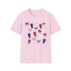 Patriotic Coffee Lover T-Shirt, Americana Bow Graphic Tee, Fourth of July Iced Drink Shirt, Cute Summer Cafe Apparel, Coquette USA Outfit