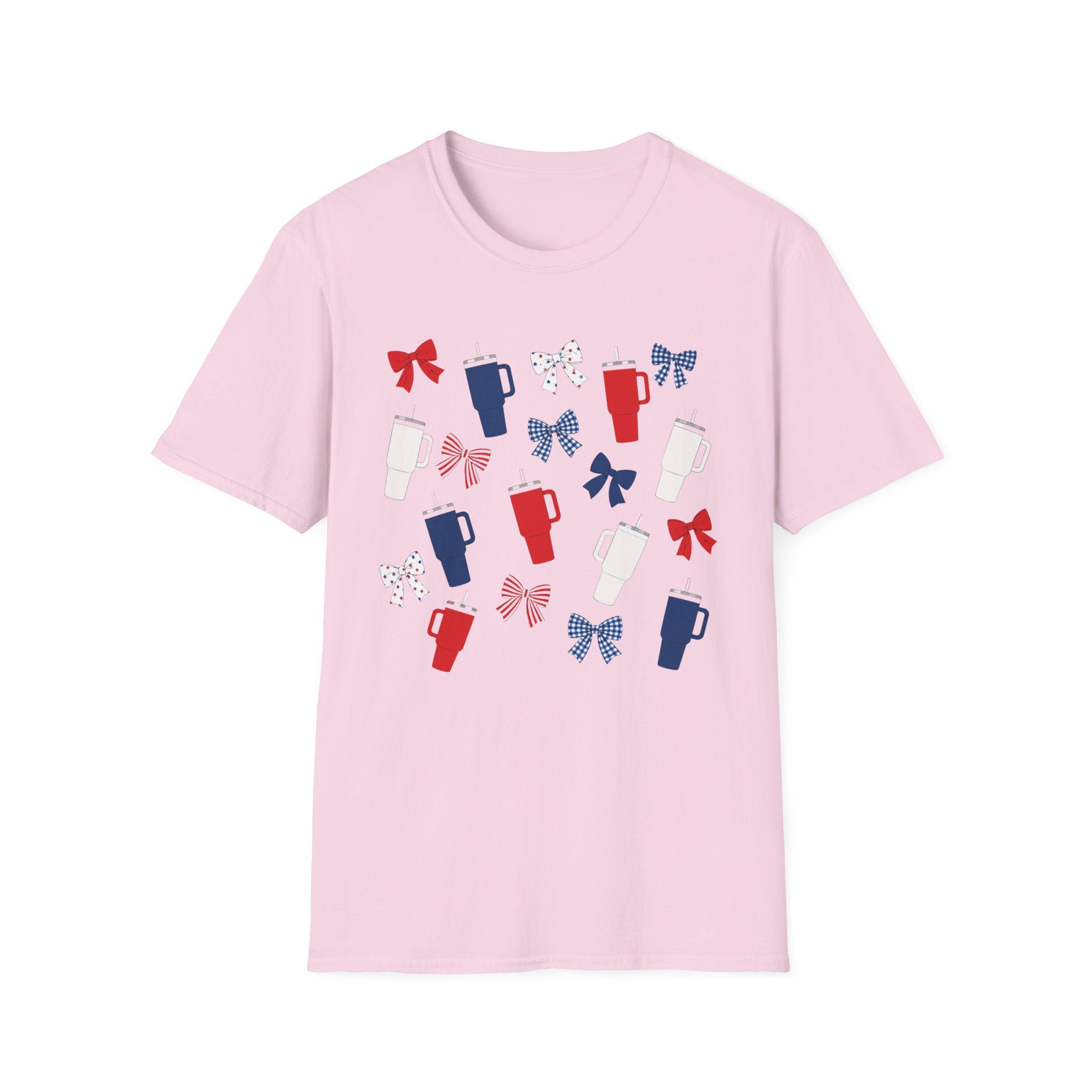 Patriotic Coffee Lover T-Shirt, Americana Bow Graphic Tee, Fourth of July Iced Drink Shirt, Cute Summer Cafe Apparel, Coquette USA Outfit
