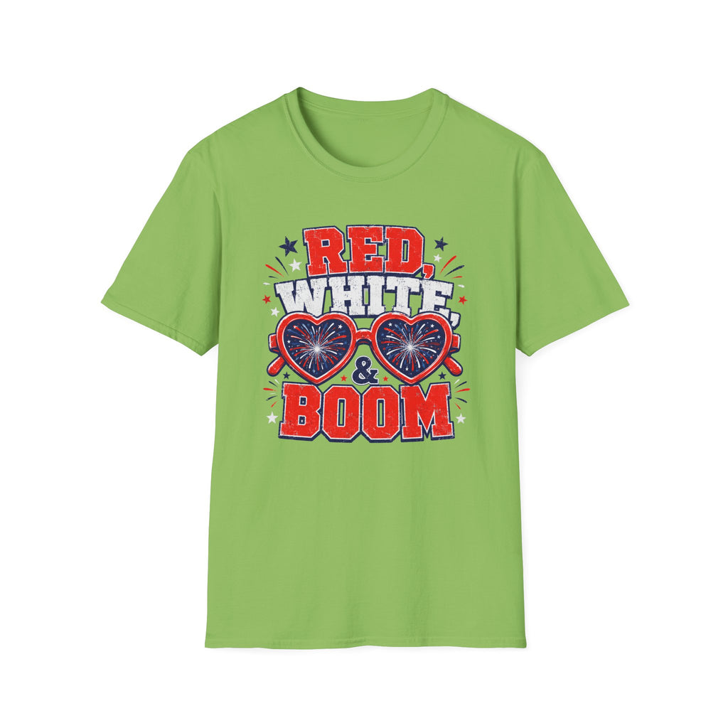 Red White Boom Sunglasses Shirt, Funny Patriotic Heart Glasses Firework Tee, 4th of July Pun Party T-Shirt, Retro Boom America Celebration Gift