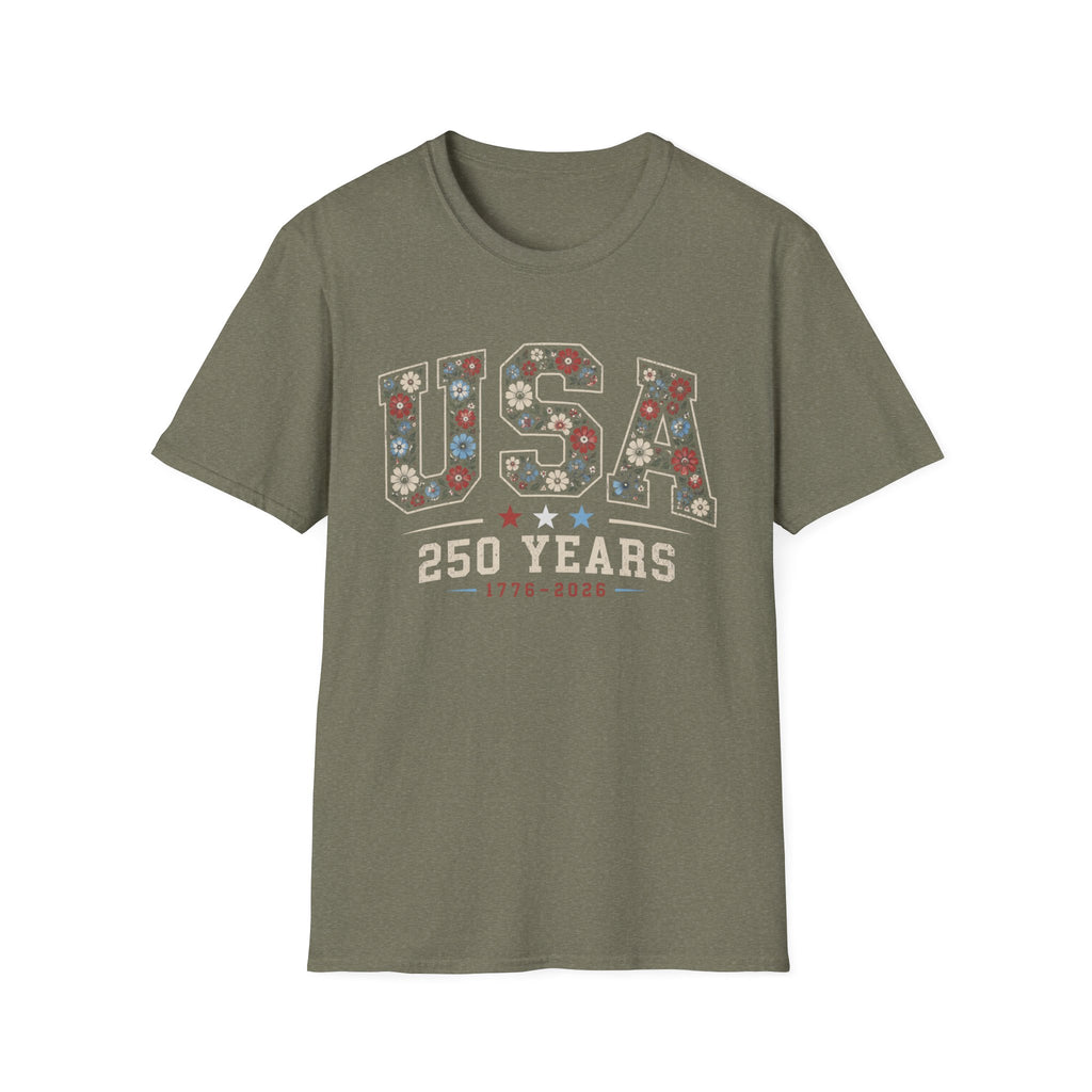 USA 250 Years T-Shirt | Semiquincentennial Patriotic Floral Graphic Tee, 1776 2026 Varsity Block Lettering Top
