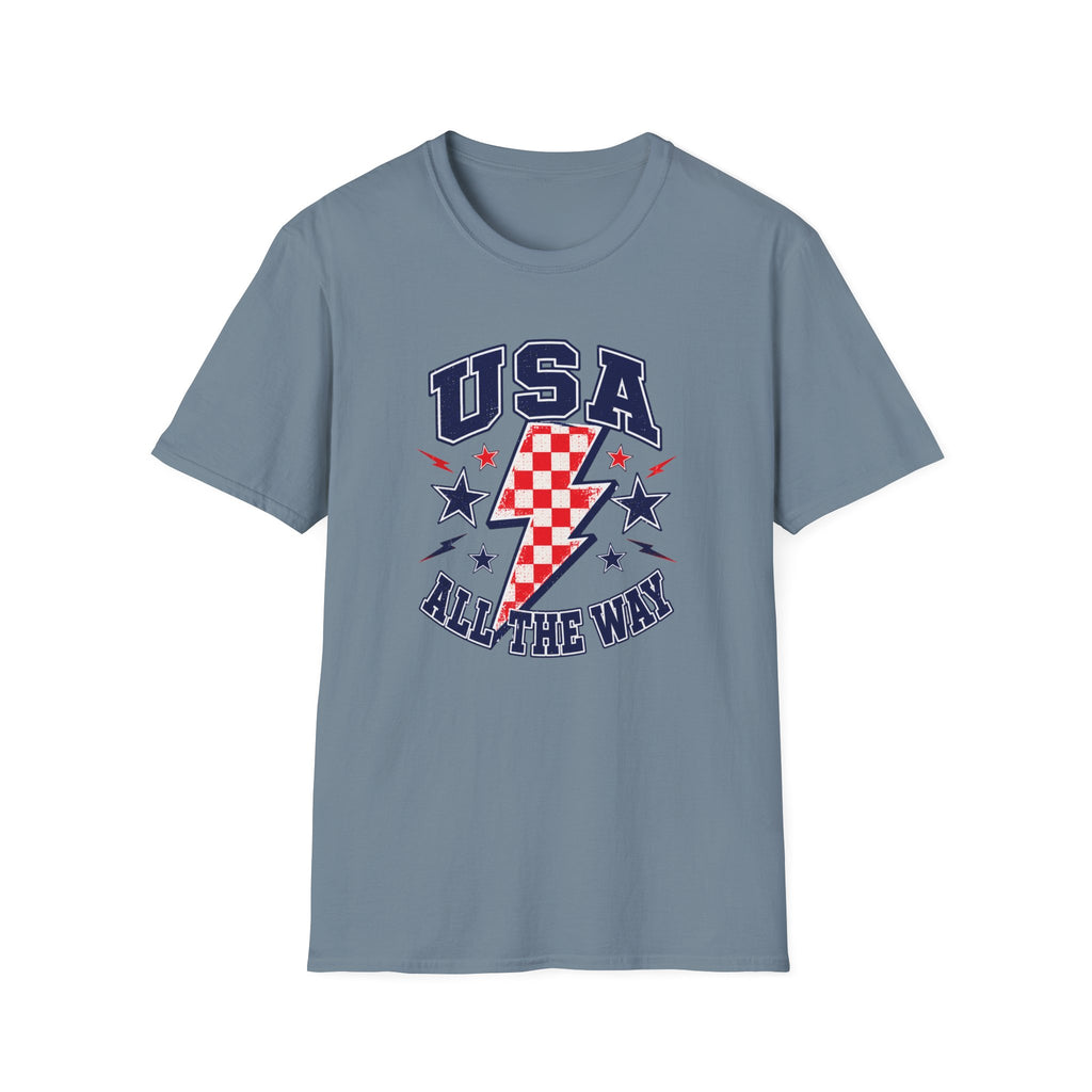 USA All The Way Patriotic T-Shirt, Retro Americana Graphic Tee, Vintage Fourth of July Shirt, Lightning Bolt Checkered Design, Summer Independence Day Apparel T-Shirt