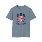 USA All The Way Patriotic T-Shirt, Retro Americana Graphic Tee, Vintage Fourth of July Shirt, Lightning Bolt Checkered Design, Summer Independence Day Apparel T-Shirt