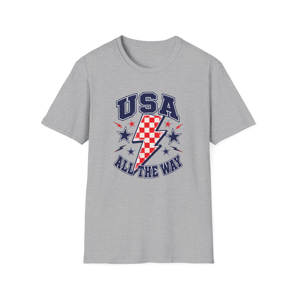 USA All The Way Patriotic T-Shirt, Retro Americana Graphic Tee, Vintage Fourth of July Shirt, Lightning Bolt Checkered Design, Summer Independence Day Apparel T-Shirt