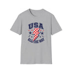 USA All The Way Patriotic T-Shirt, Retro Americana Graphic Tee, Vintage Fourth of July Shirt, Lightning Bolt Checkered Design, Summer Independence Day Apparel T-Shirt