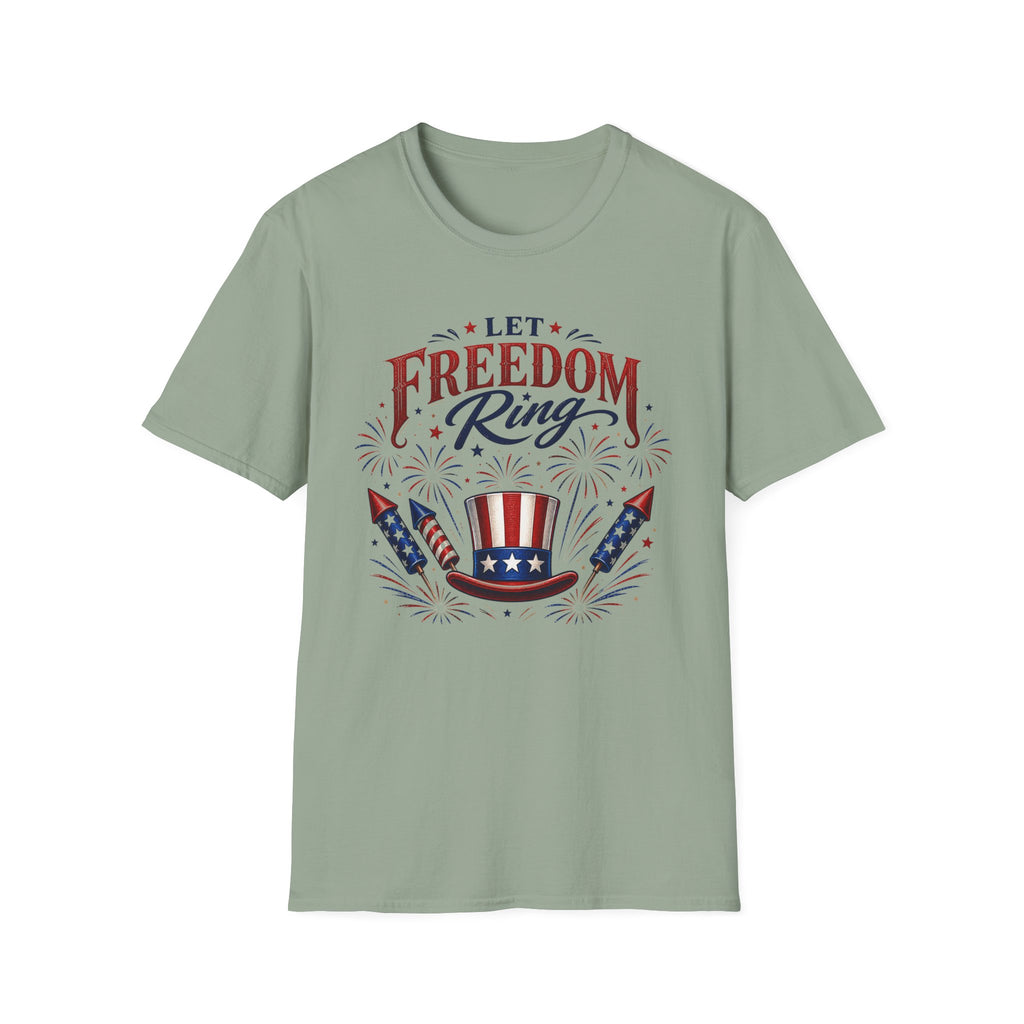 Let Freedom Ring T-Shirt | Patriotic Uncle Sam Hat Graphic Tee, Fourth Of July Charcoal Fireworks Top