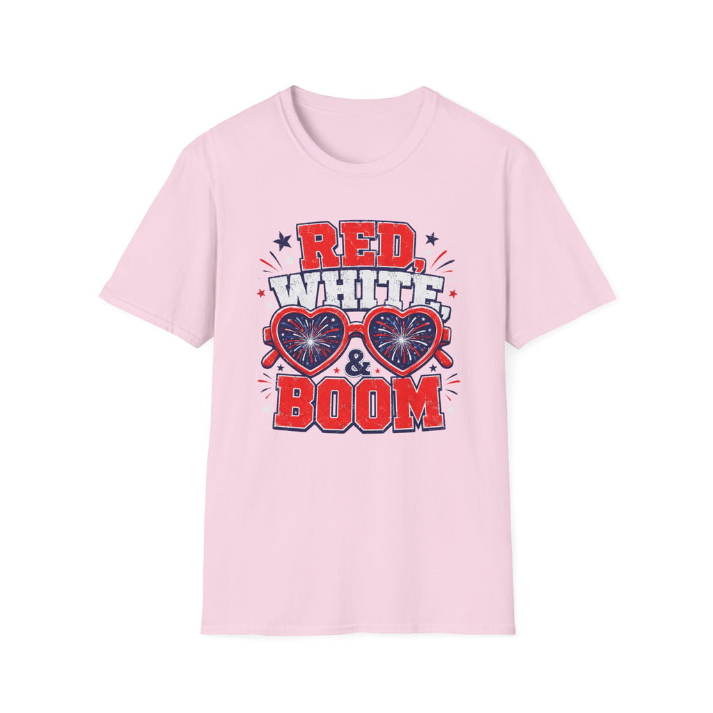 Red White Boom Sunglasses Shirt, Funny Patriotic Heart Glasses Firework Tee, 4th of July Pun Party T-Shirt, Retro Boom America Celebration Gift