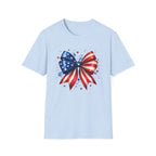 Watercolor American Flag Bow 4th of July Graphic Tee Stars Stripes - Patriotic Coquette T-Shirt