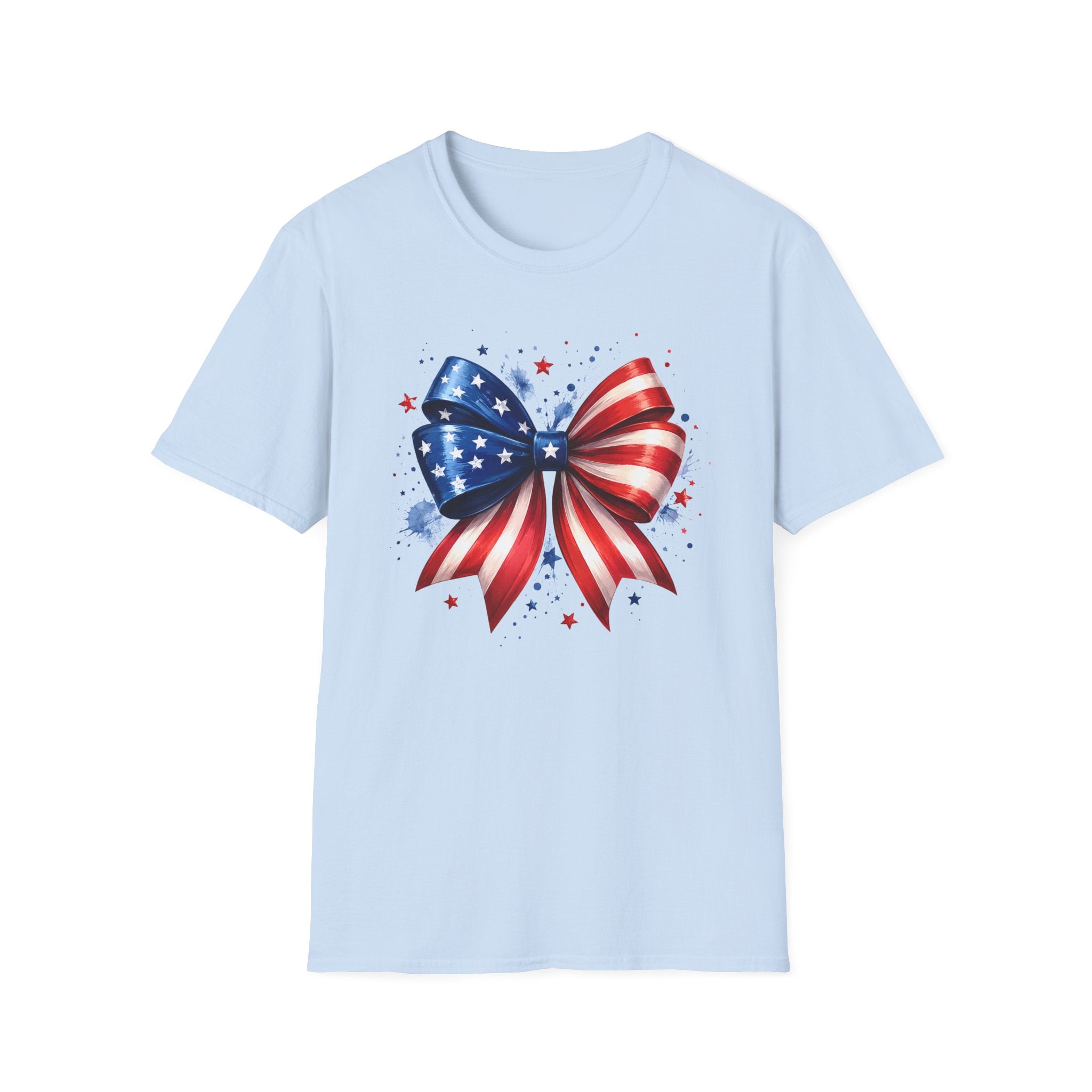 Watercolor American Flag Bow 4th of July Graphic Tee Stars Stripes - Patriotic Coquette T-Shirt