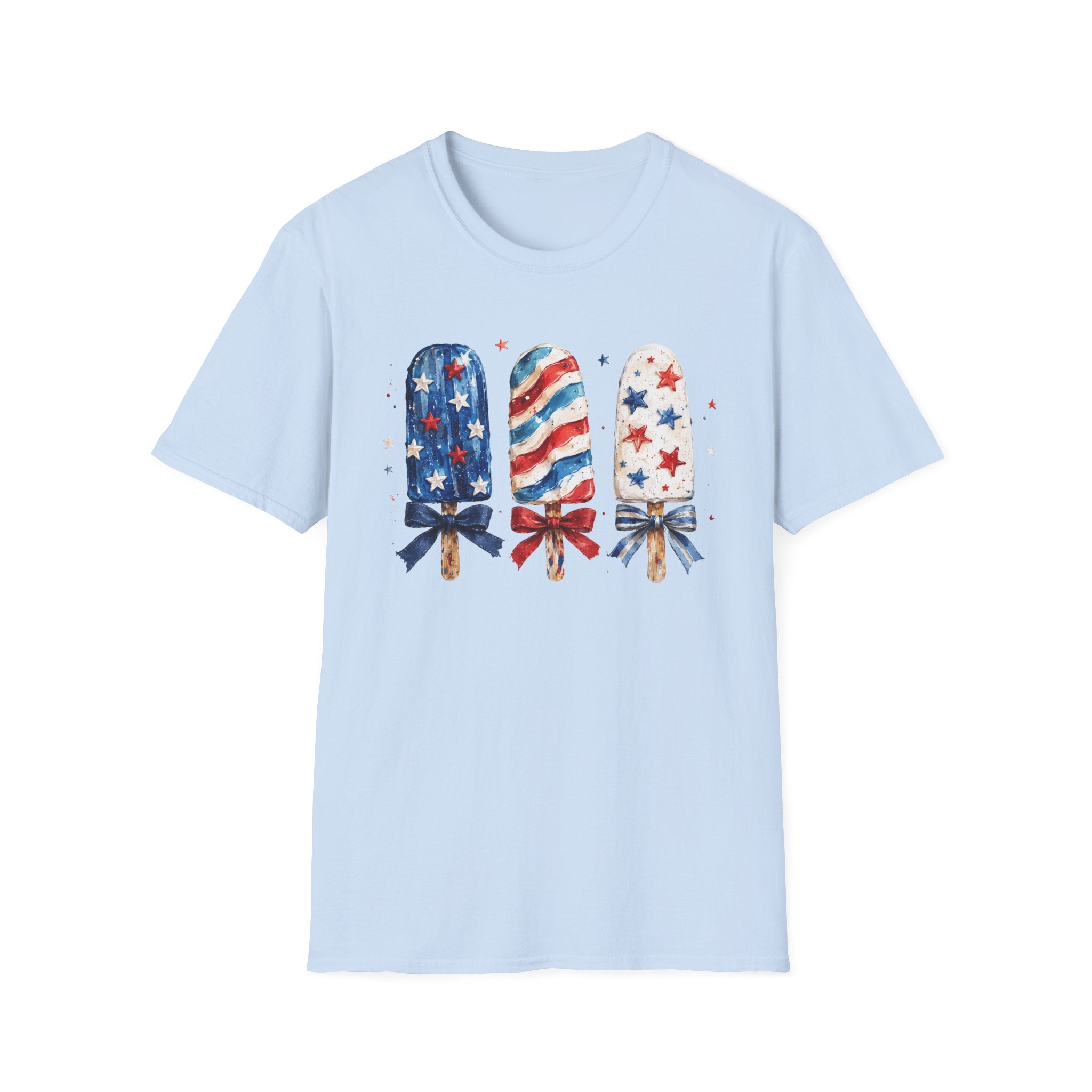 Patriotic Popsicle T-Shirt, Watercolor 4th of July Ice Cream Bow Tee, Cute Summer America Popsicle Shirt, Stars Stripes Coquette Bow Treat Gift Women