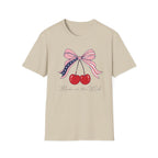 Made in the USA Cherry Tee, Patriotic Red White Blue Shirt, Cute Bow Fruit Graphic Top, Fourth of July Summer Outfit Unisex Softstyle T-Shirt