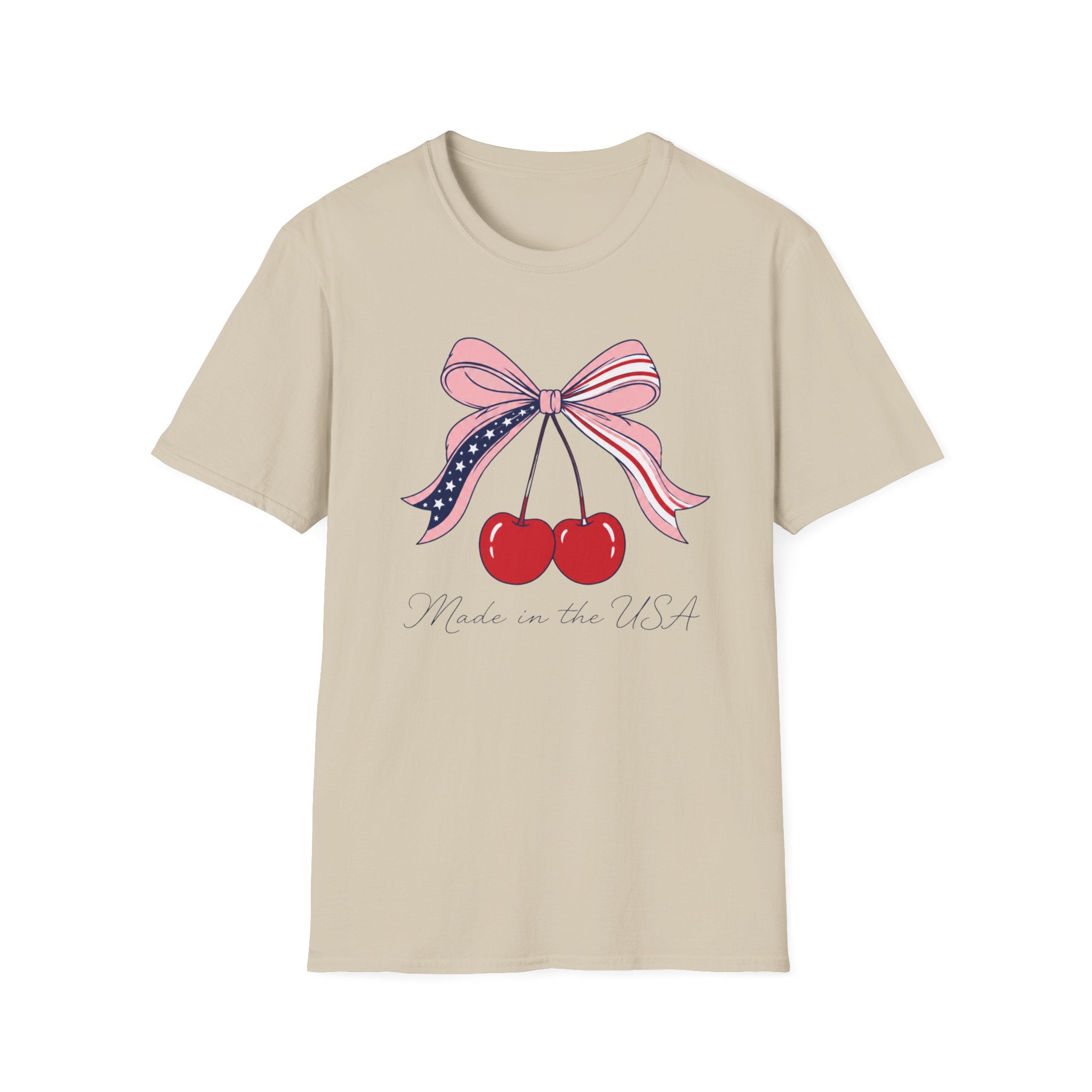 Made in the USA Cherry Tee, Patriotic Red White Blue Shirt, Cute Bow Fruit Graphic Top, Fourth of July Summer Outfit Unisex Softstyle T-Shirt