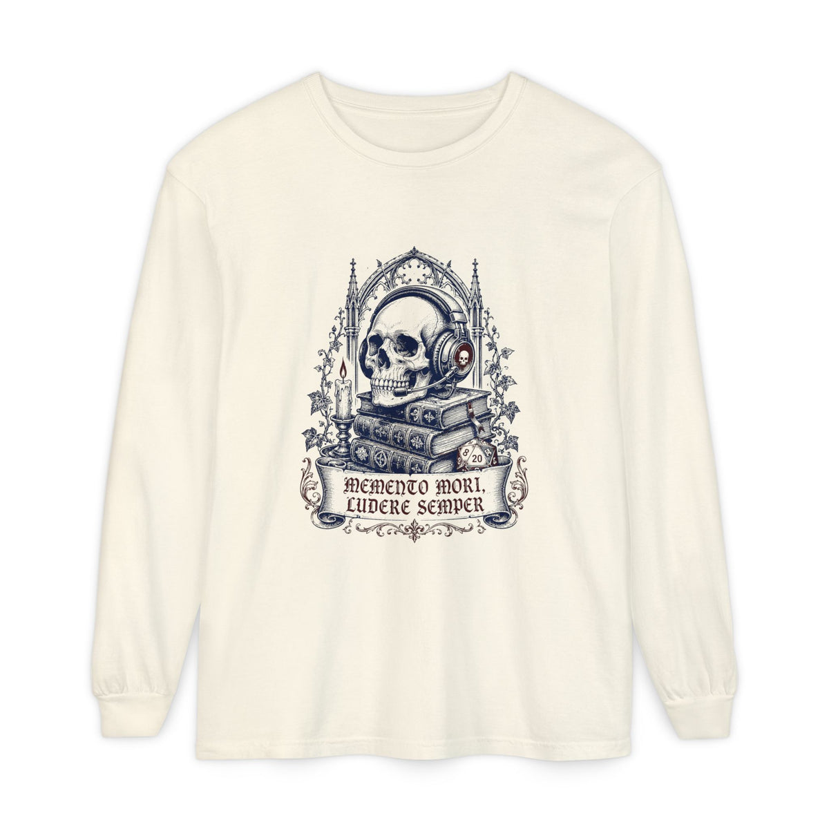Gothic Skull 'Memento Mori' Bookstack Design - Long Sleeve T-Shirt