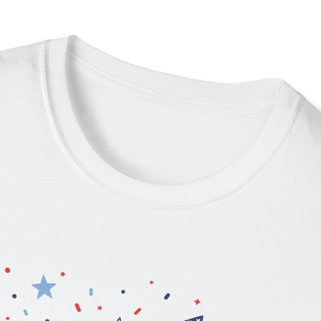 Patriotic Doodle Collage T-Shirt, Cute 4th of July Bow Heart Flag Confetti Tee, Whimsical Festive America Shirt, Coquette Patriotic Icon Scatter Gift