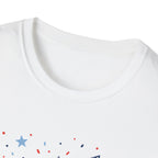 Patriotic Doodle Collage T-Shirt, Cute 4th of July Bow Heart Flag Confetti Tee, Whimsical Festive America Shirt, Coquette Patriotic Icon Scatter Gift