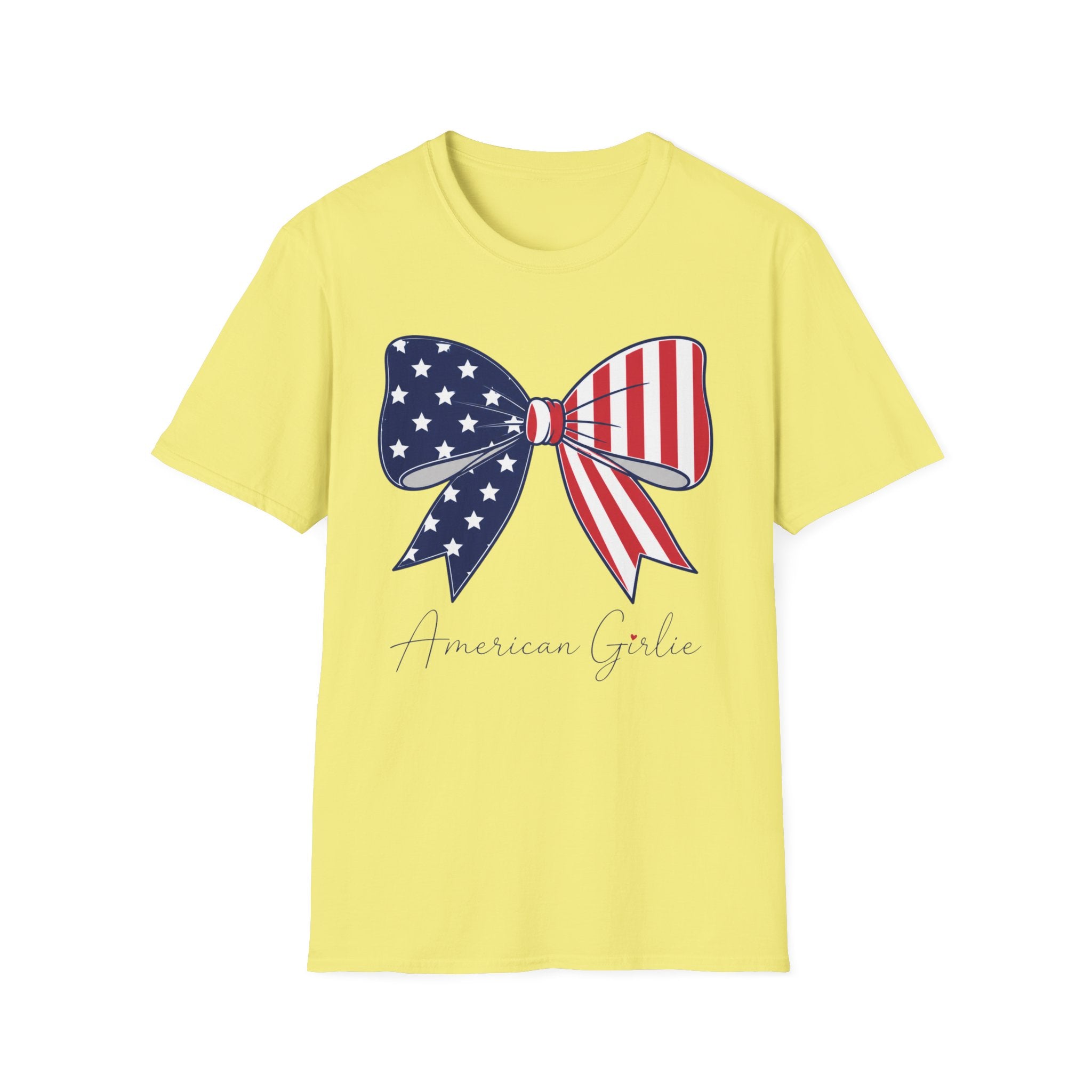 American Girl T-Shirt, Coquette Patriotic Flag Bow Tee, 4th of July Shirt, USA Stars Stripes Bow Script Gift, Cute Independence Day Tee
